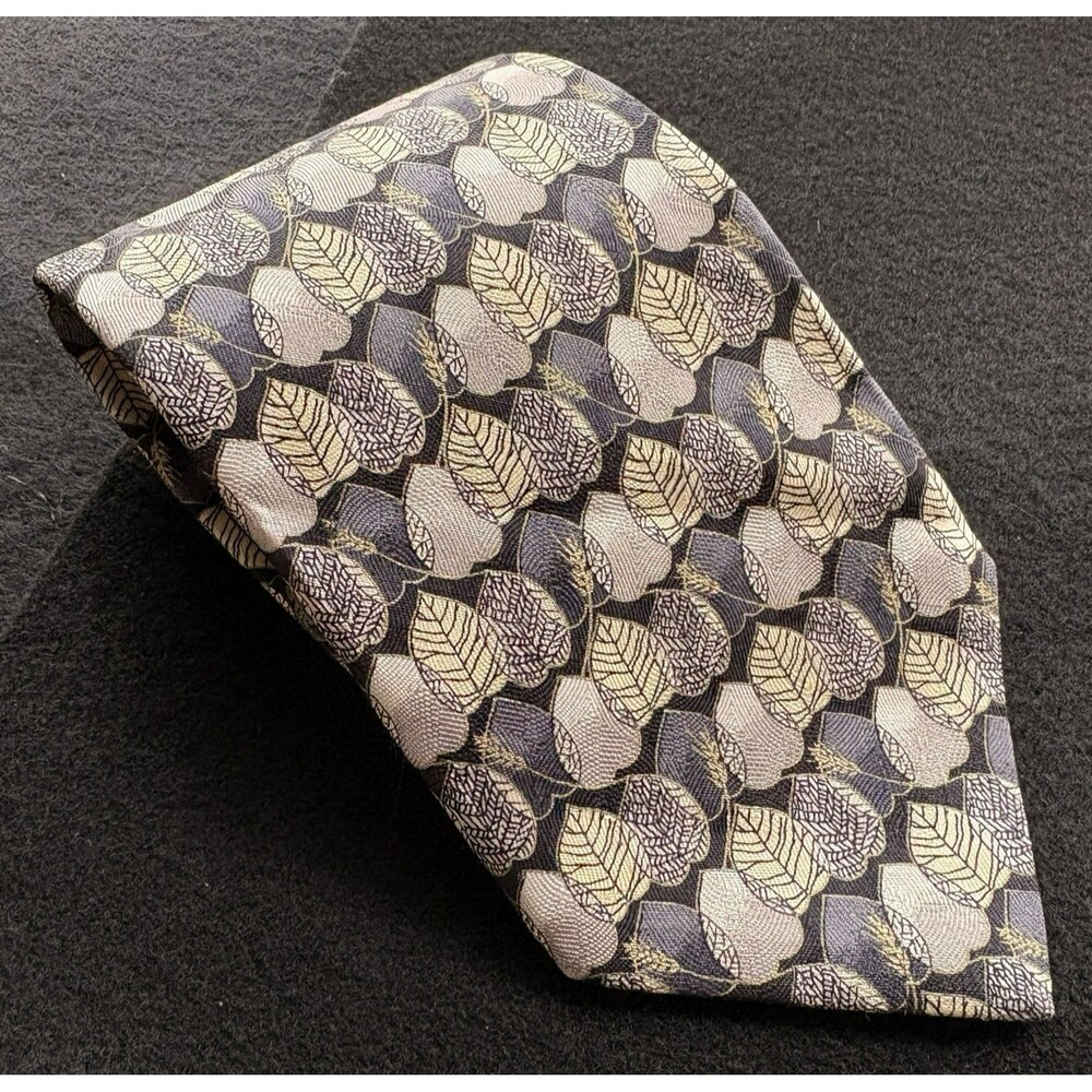 Ermenegildo Zegna Silk Tie Gray Black Blue Yellow Leaves Wheat Made in Italy